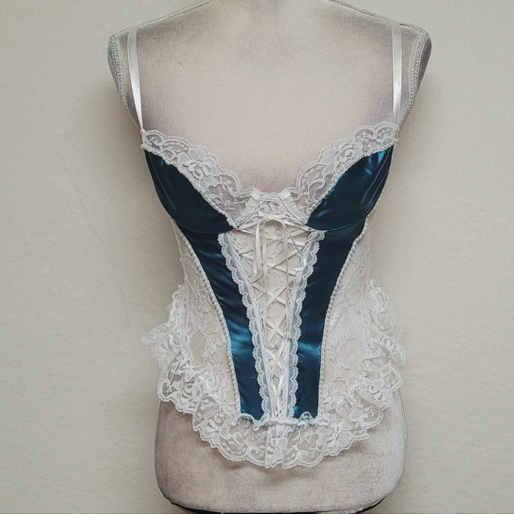 Frederick's Of Hollywood Vintage White Lace Teal Satin Lace-up Corset Lingerie S - Picture 2 of 12